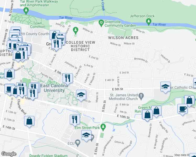 map of restaurants, bars, coffee shops, grocery stores, and more near 307 Maple Street in Greenville