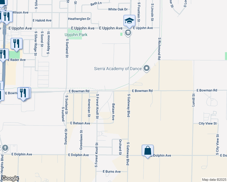 map of restaurants, bars, coffee shops, grocery stores, and more near East Bowman Road in Ridgecrest