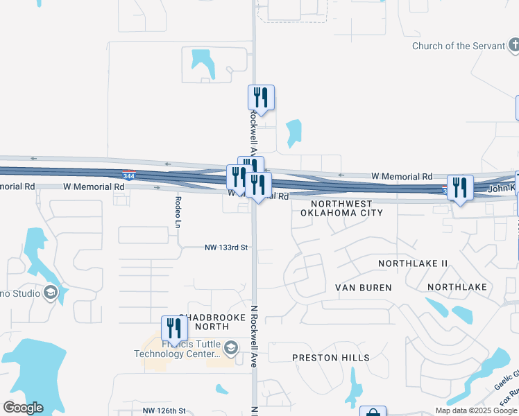 map of restaurants, bars, coffee shops, grocery stores, and more near 13636 North Rockwell Avenue in Oklahoma City