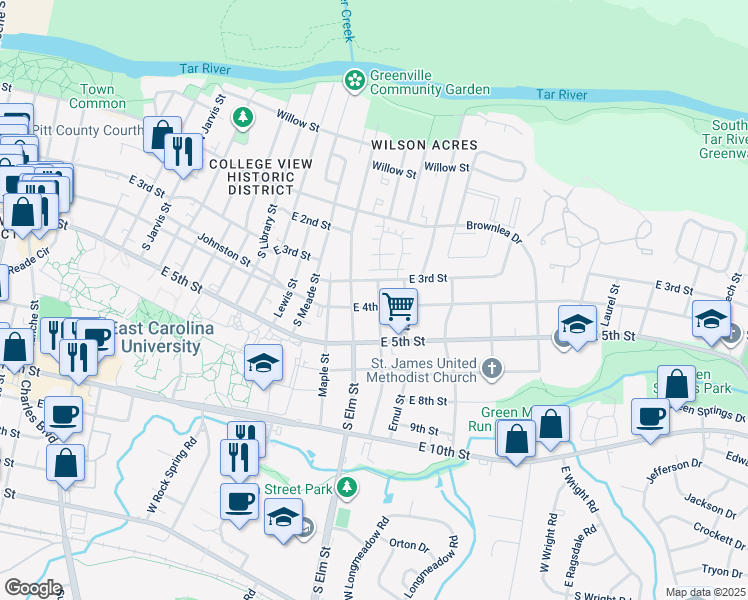 map of restaurants, bars, coffee shops, grocery stores, and more near 1709 East 4th Street in Greenville