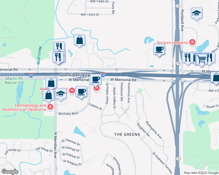 map of restaurants, bars, coffee shops, grocery stores, and more near 4008 Apple Valley Drive in Oklahoma City