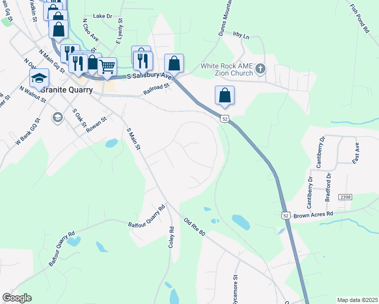map of restaurants, bars, coffee shops, grocery stores, and more near 1203 South Claiborne Street in Granite Quarry
