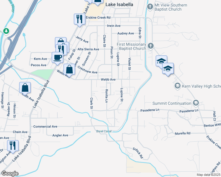 map of restaurants, bars, coffee shops, grocery stores, and more near 2410 Ronita Lane in Lake Isabella
