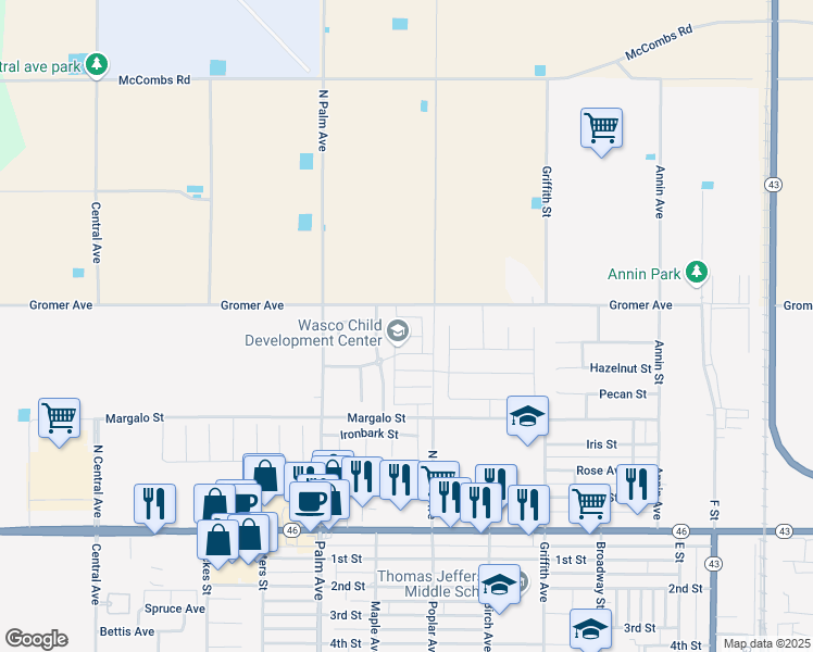 map of restaurants, bars, coffee shops, grocery stores, and more near 908 North Maple Street in Wasco