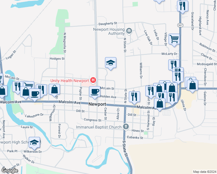map of restaurants, bars, coffee shops, grocery stores, and more near 1309 McLain Street in Newport