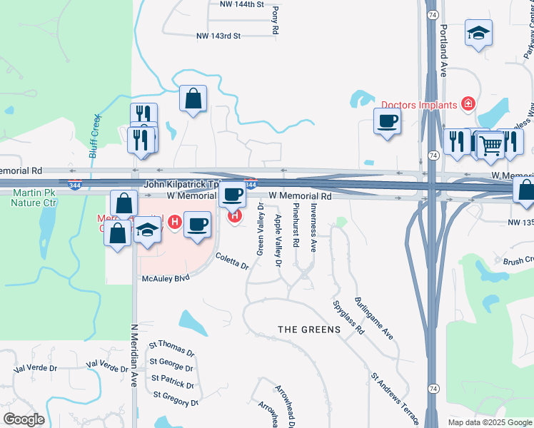 map of restaurants, bars, coffee shops, grocery stores, and more near 4008 Apple Valley Drive in Oklahoma City