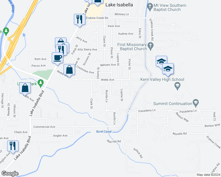 map of restaurants, bars, coffee shops, grocery stores, and more near 2410 Ronita Lane in Lake Isabella