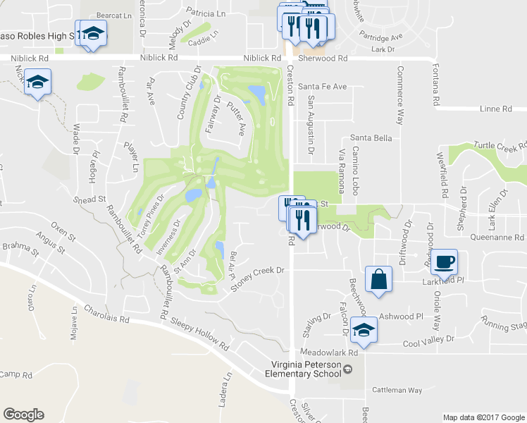 map of restaurants, bars, coffee shops, grocery stores, and more near 149 Flag Way in Paso Robles