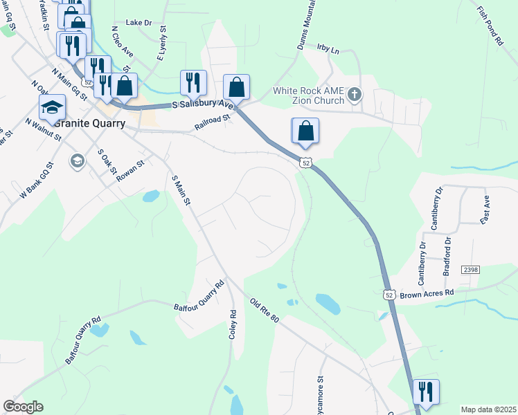 map of restaurants, bars, coffee shops, grocery stores, and more near 1203 South Claiborne Street in Granite Quarry