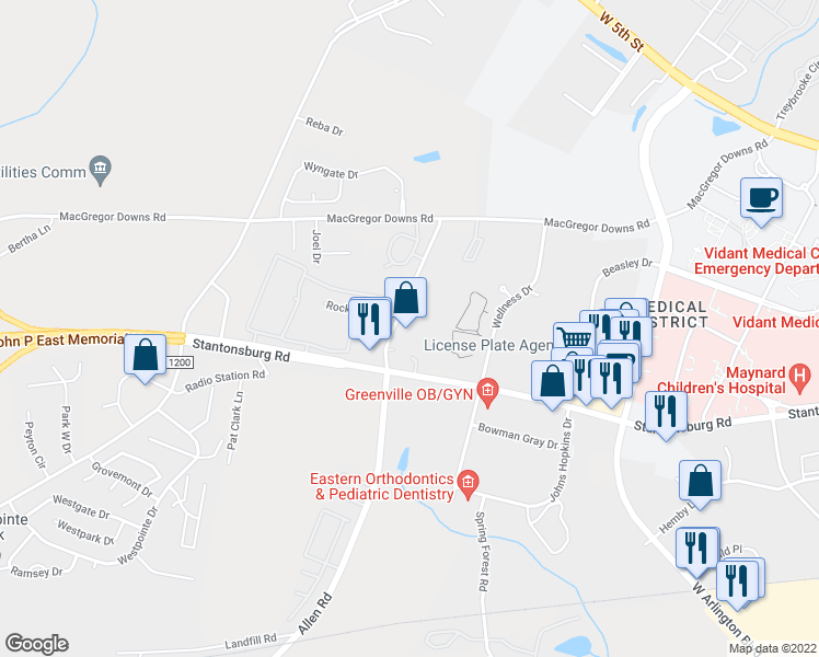 map of restaurants, bars, coffee shops, grocery stores, and more near 1015 Allen Road in Greenville