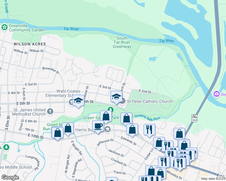 map of restaurants, bars, coffee shops, grocery stores, and more near 2602 East 3rd Street in Greenville