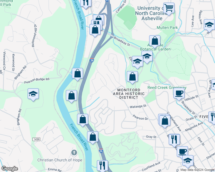 map of restaurants, bars, coffee shops, grocery stores, and more near 327 Pearson Drive in Asheville