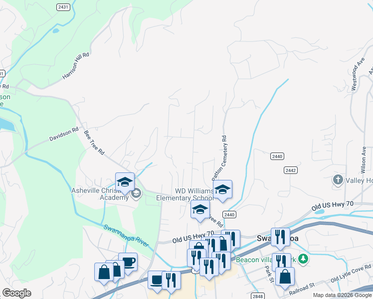 map of restaurants, bars, coffee shops, grocery stores, and more near 156 Mountain Crest Road in Swannanoa