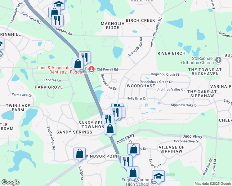 map of restaurants, bars, coffee shops, grocery stores, and more near 1886 Landstrom Lane in Fuquay Varina