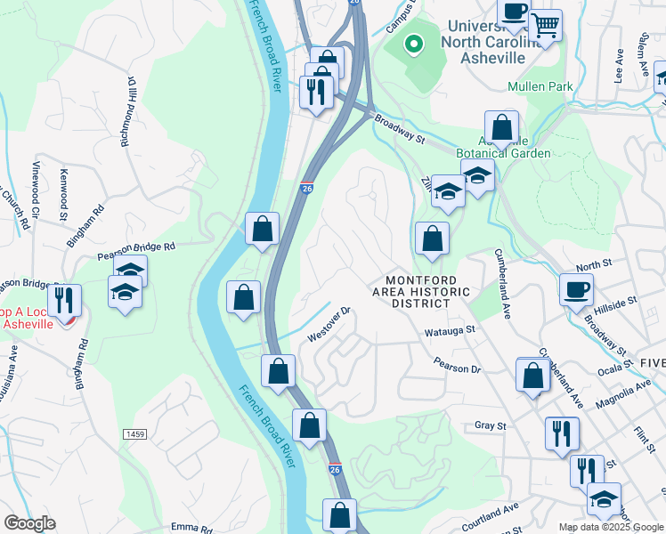 map of restaurants, bars, coffee shops, grocery stores, and more near 11 Hibriten Drive in Asheville