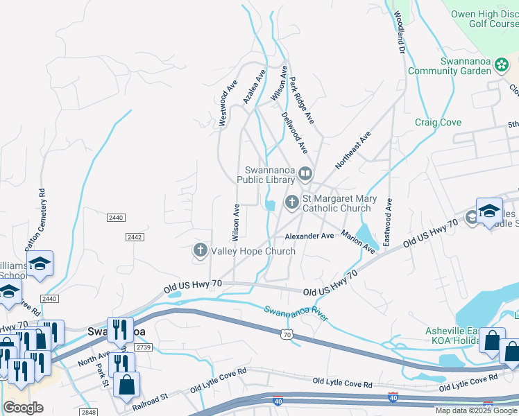 map of restaurants, bars, coffee shops, grocery stores, and more near 99999 Hawthorne Avenue in Swannanoa