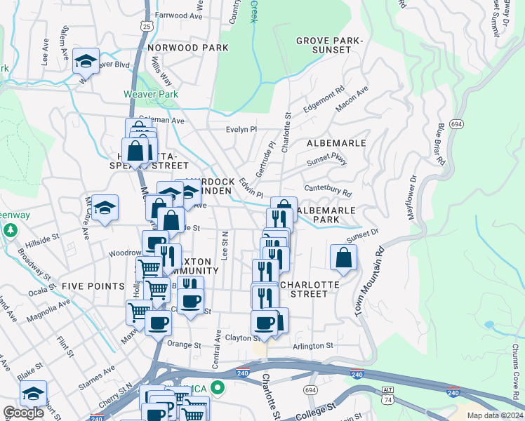 map of restaurants, bars, coffee shops, grocery stores, and more near 21 Lennox Street in Asheville