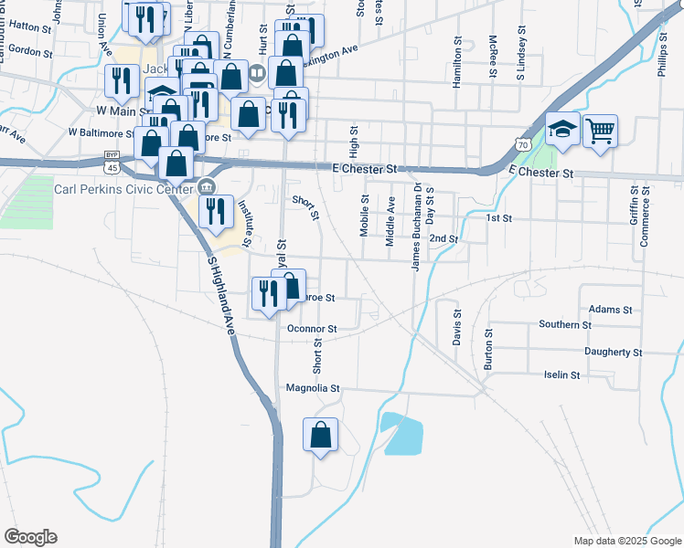 map of restaurants, bars, coffee shops, grocery stores, and more near 113 Carson Street in Jackson