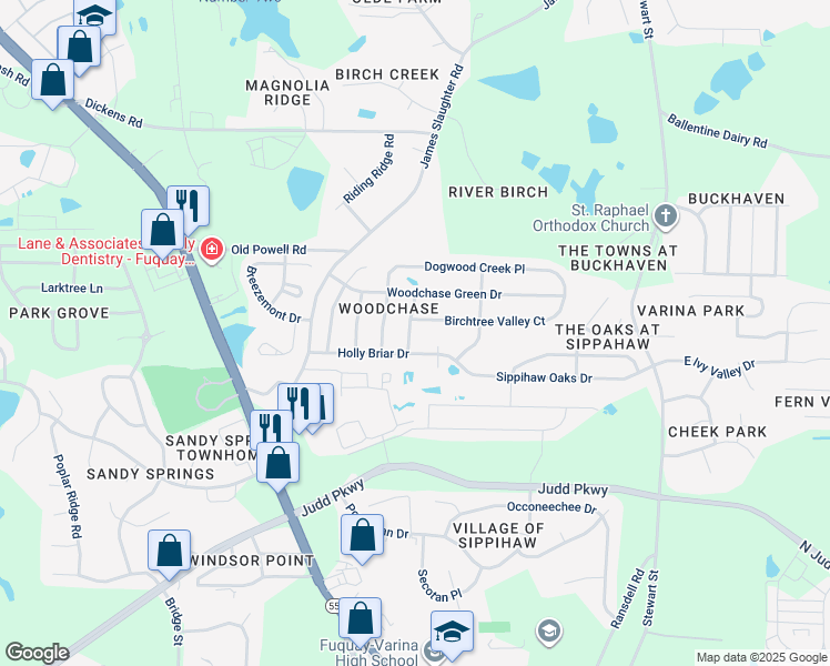 map of restaurants, bars, coffee shops, grocery stores, and more near 1910 Holly Knoll Lane in Fuquay Varina