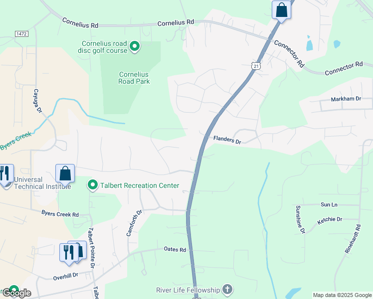 map of restaurants, bars, coffee shops, grocery stores, and more near 128 Maxamy Lane in Mooresville