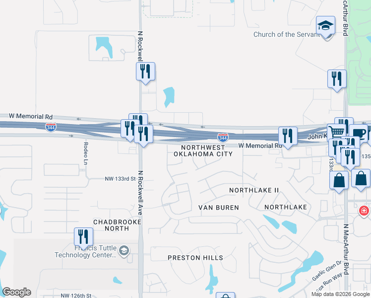 map of restaurants, bars, coffee shops, grocery stores, and more near 6801 Northwest 136th Court in Oklahoma City