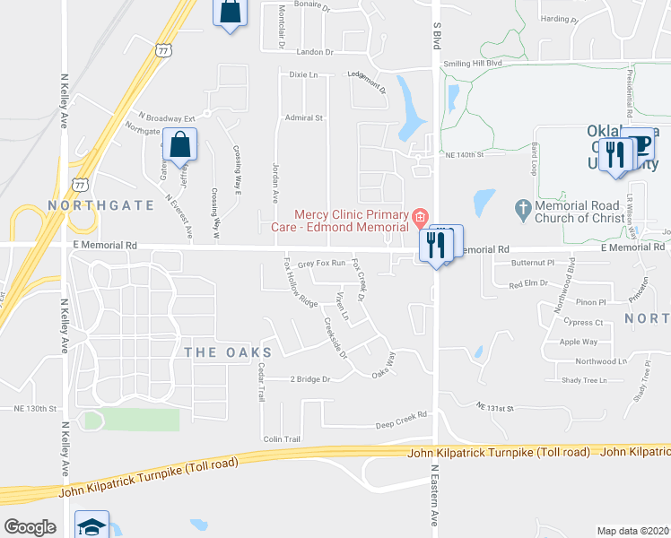 map of restaurants, bars, coffee shops, grocery stores, and more near 1624 Grey Fox Run in Oklahoma City