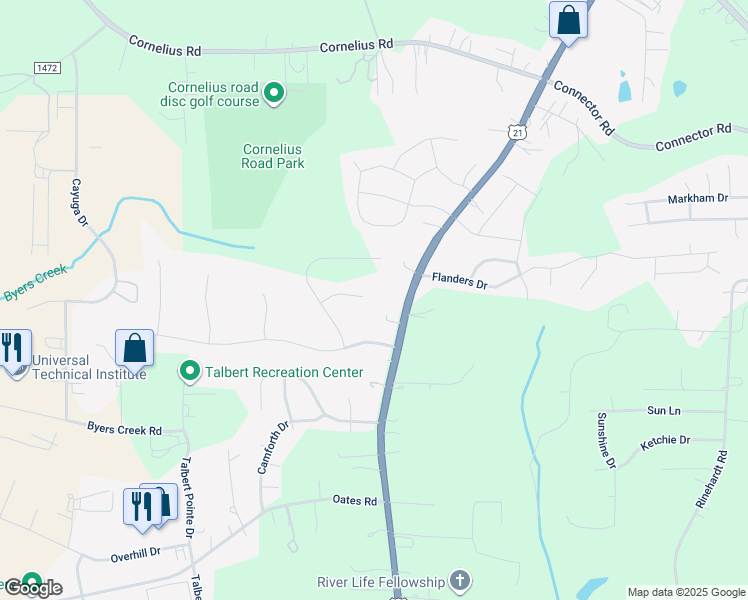 map of restaurants, bars, coffee shops, grocery stores, and more near 128 Maxamy Lane in Mooresville