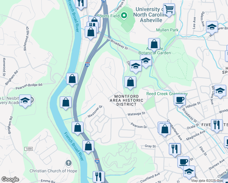 map of restaurants, bars, coffee shops, grocery stores, and more near 1 Melbourne Place in Asheville