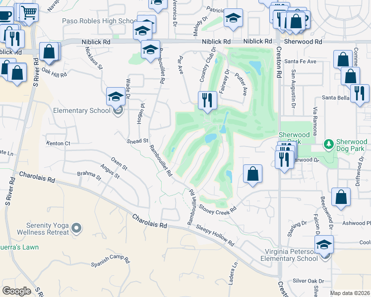 map of restaurants, bars, coffee shops, grocery stores, and more near 925 Torrey Pines Drive in Paso Robles