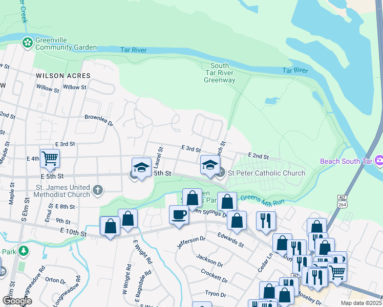 map of restaurants, bars, coffee shops, grocery stores, and more near 2505A East 3rd Street in Greenville