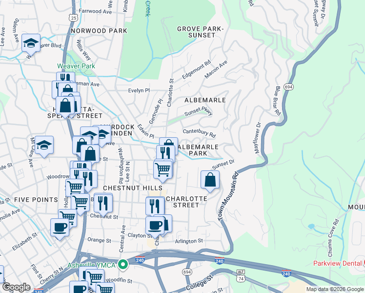 map of restaurants, bars, coffee shops, grocery stores, and more near 7 Cherokee Road in Asheville