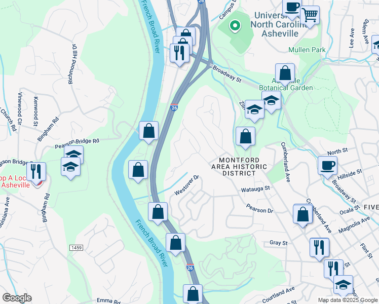 map of restaurants, bars, coffee shops, grocery stores, and more near 11 Hibriten Drive in Asheville