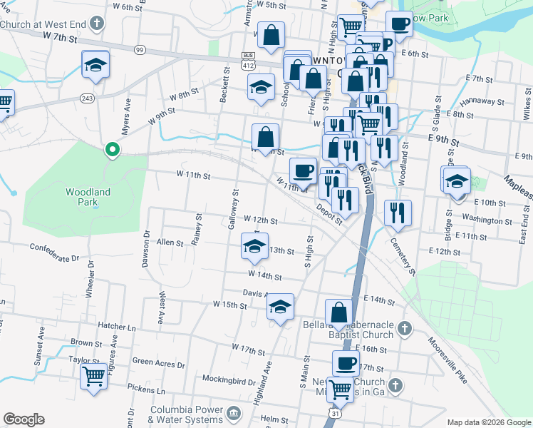 map of restaurants, bars, coffee shops, grocery stores, and more near 1204 Parker Street in Columbia