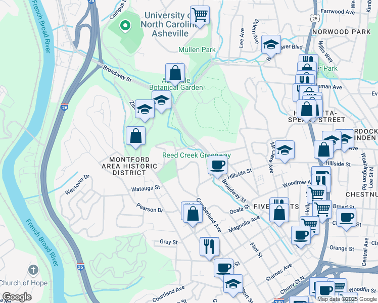 map of restaurants, bars, coffee shops, grocery stores, and more near 23 Catawba Street in Asheville