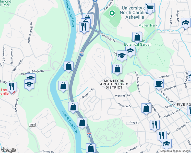 map of restaurants, bars, coffee shops, grocery stores, and more near 327 Pearson Drive in Asheville