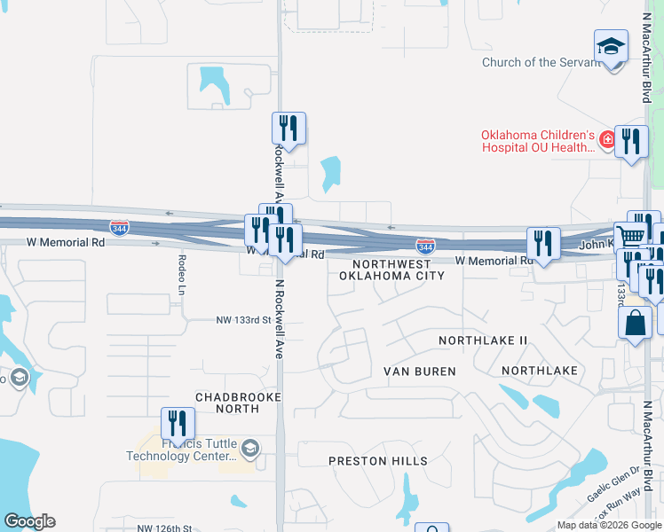 map of restaurants, bars, coffee shops, grocery stores, and more near 6829 Northwest 136th Court in Oklahoma City
