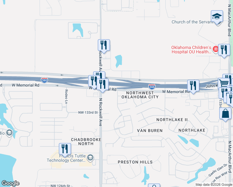 map of restaurants, bars, coffee shops, grocery stores, and more near 6829 Northwest 136th Court in Oklahoma City