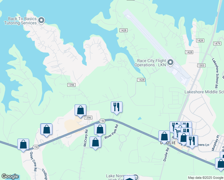 map of restaurants, bars, coffee shops, grocery stores, and more near 116 Barkland Lane in Mooresville