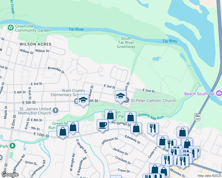 map of restaurants, bars, coffee shops, grocery stores, and more near 2508 East 3rd Street in Greenville