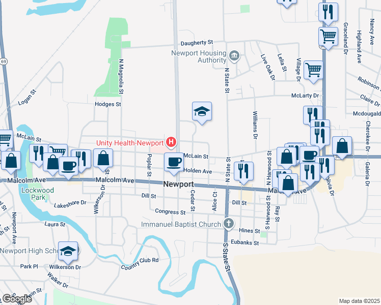 map of restaurants, bars, coffee shops, grocery stores, and more near 1309 McLain Street in Newport
