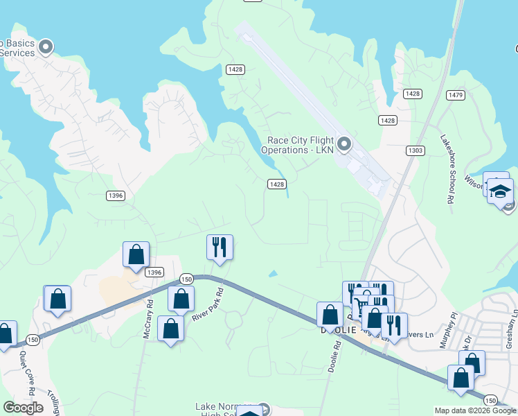 map of restaurants, bars, coffee shops, grocery stores, and more near 557 Normandy Road in Mooresville