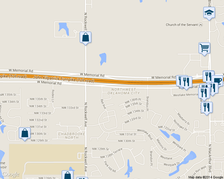 map of restaurants, bars, coffee shops, grocery stores, and more near 6801 Northwest 136th Court in Oklahoma City