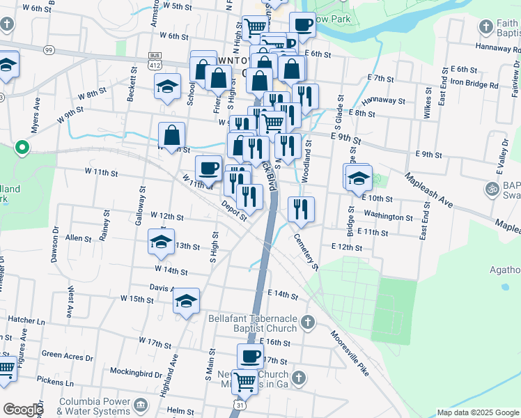 map of restaurants, bars, coffee shops, grocery stores, and more near 111 West 11th Street in Columbia