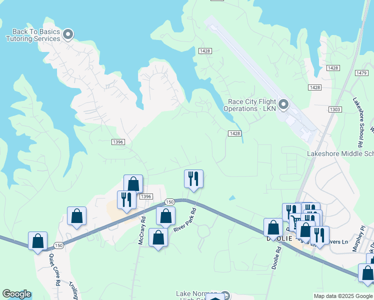 map of restaurants, bars, coffee shops, grocery stores, and more near 116 Barkland Lane in Mooresville