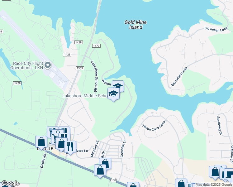 map of restaurants, bars, coffee shops, grocery stores, and more near 244 Lakeshore School Road in Mooresville