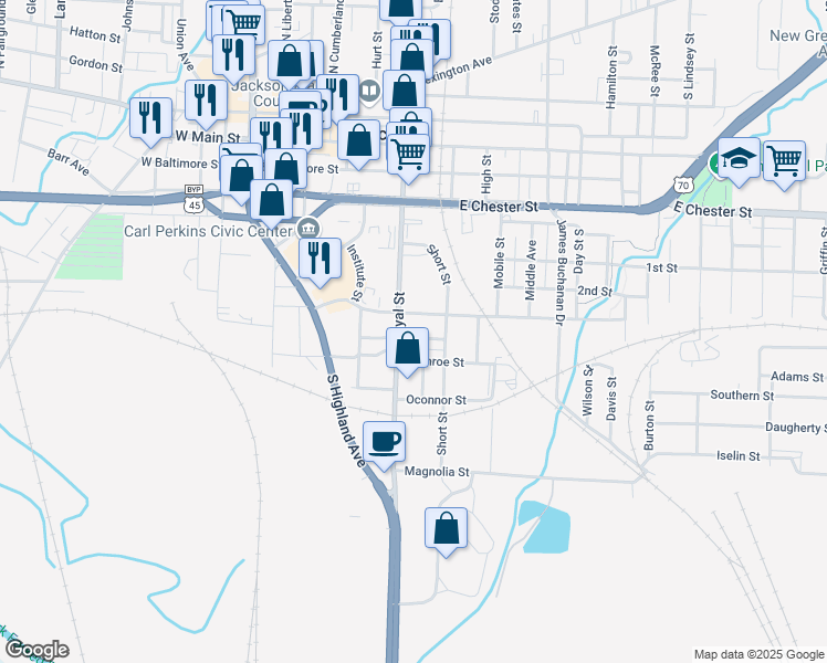 map of restaurants, bars, coffee shops, grocery stores, and more near 211 Shelby Street in Jackson