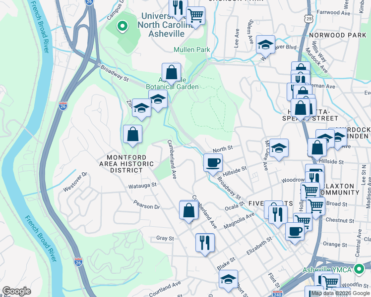 map of restaurants, bars, coffee shops, grocery stores, and more near 23 Catawba Street in Asheville