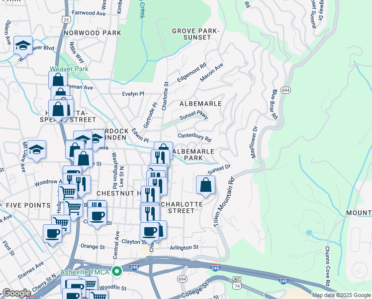 map of restaurants, bars, coffee shops, grocery stores, and more near 60 Terrace Road in Asheville