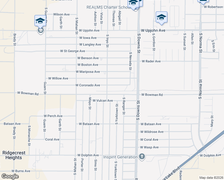 map of restaurants, bars, coffee shops, grocery stores, and more near 1033 West Coronado Avenue in Ridgecrest