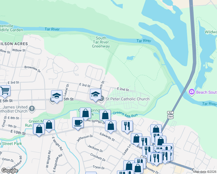 map of restaurants, bars, coffee shops, grocery stores, and more near 255 Beech Street in Greenville
